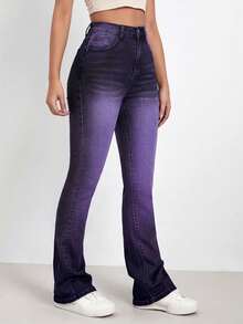 Flexra Tvättade denimblå jeans med hög midja och blekta tvättade utsvängda ben - Svart - Visa 4