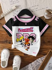 THE POWERPUFF GIRLS X SHEIN Young Girl Summer Casual Colorblock Blossom, Bubbles, Buttercup Pattern Round Neck Short Sleeve T-Shirt - White - View 6