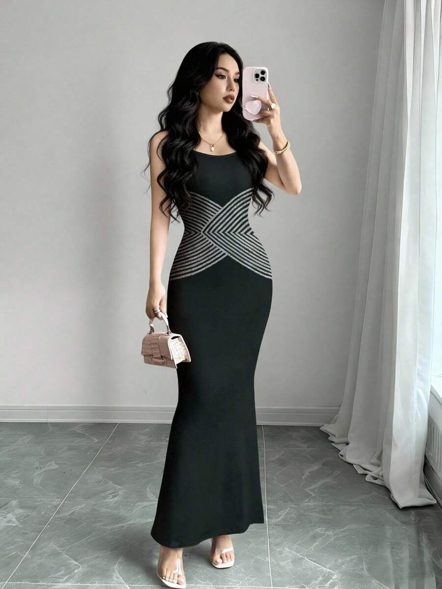 Modelyn 女士条纹印花性感吊带修身长裙，夏季 - 彩色 - 查看 1