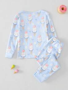 2pcs Girls Toddler Cute Ice Cream Print Crew Neck Long Sleeve Top And Leggings Soft Comfortable Pajama Set - Multicolor - View 2