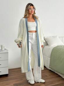 EURMUSE Casual Color Block Drop Shoulder Loose Cardigan, Autumn/Winter - White - View 7