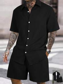 Manfinity Swimmode 大码男士纯色短袖衬衫和短裤沙滩套装 - 黑色 - 查看 2