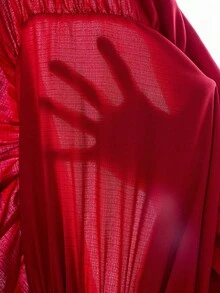 SHEIN 少女刺绣拼接短袖A字荷叶边下摆长款度假连衣裙 - 紅色 - 查看 7