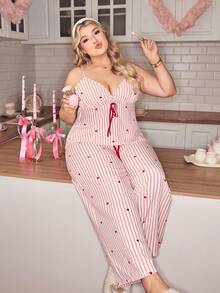 SweetSlumber Cute Casual Soft Comfortable Heart Striped Jacquard Knit Sexy Camisole Plus Size Pajama Set Curvy Sleepwear Curve Pajamas Set Sexy Pajamas For Woman Curve Curvy Pajama Sets Plus Size Sleepwear Set