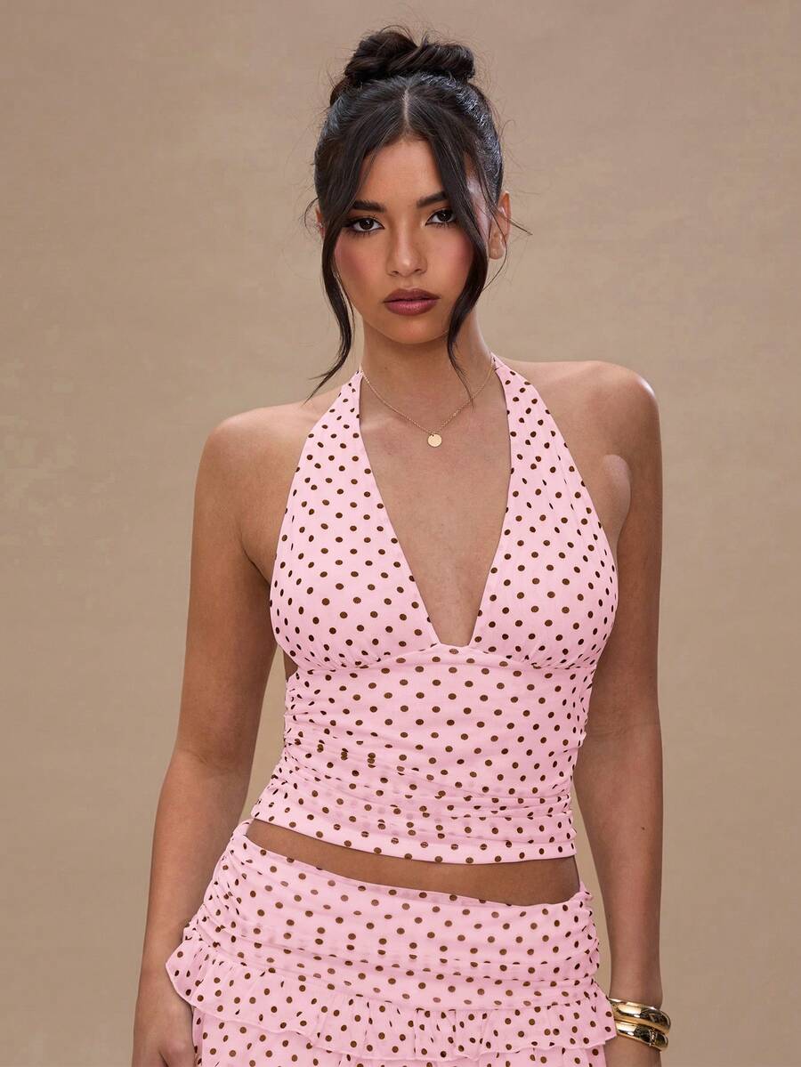 SHEIN BAE 女士撞色波点印花无袖休闲背心 - 粉色 - 查看 1
