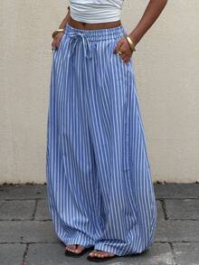 Muchica Women's Casual Striped Flared Leg Pants, Spring/Summer - Blue and White - View 4