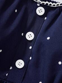 Camisa de punto con botones, cuello de volantes, escote en U, ajustada, estampado de lunares, versátil y casual para uso diario y en el hogar para adolescentes - Azul - Ver 7