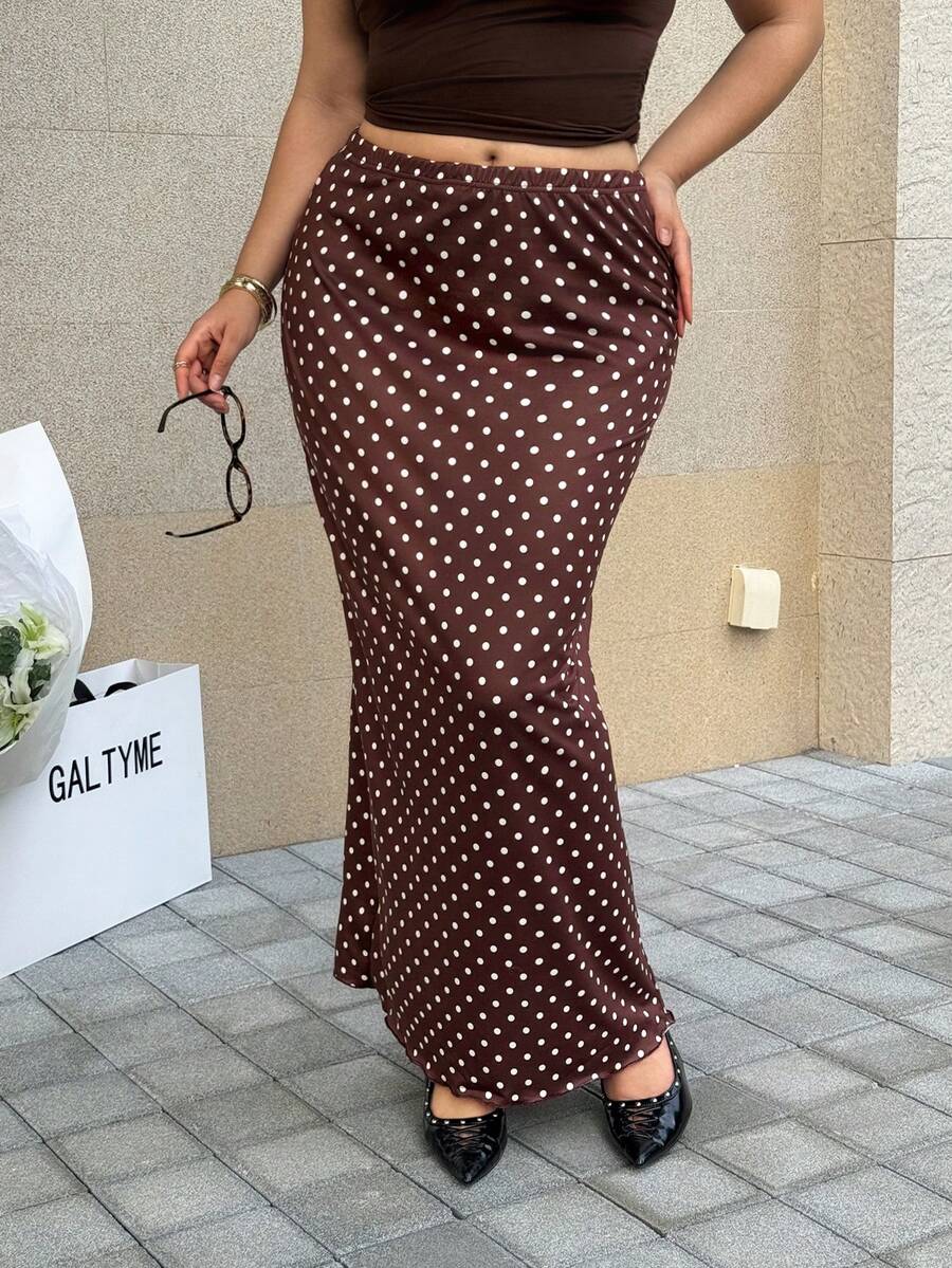 GalTyme Plus Size Elegant Polka Dot Print Fishtail Skirt, Suitable For Commuting - Brown - View 1