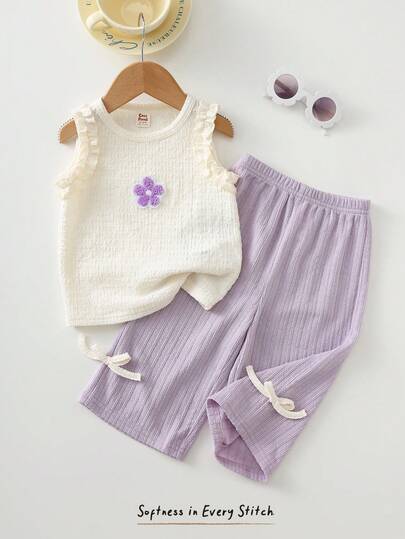 Cozy Pixies 2pcs Baby/Toddler Girl Outfit Set: White Textured Knit Sleeveless Floral Decorated Top And Purple Striped Textured Elastic Waist Wide Leg Pants, Suitable For Casual, Daily Wear, Outings, Parties, Holidays, Play, Sports, Travel, Photography And More Occasions