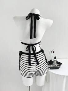 SHEIN Unity Women's Fashionable Sexy Beach Vacation Black & White Multi-Color Halter Tie-Up Knitted Crop Top & Skirt 2-Piece Set, Spring/Summer - Black and White - View 2