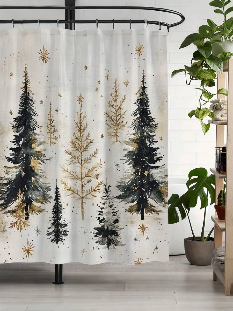 1pc Retro Winter Pine Tree Star Print Waterproof Shower Curtain, Curtain With 12 Hooks Curtain For Windows,Universal Room Decor,Home Decor,Bathroom Accessories - Multicolor - View 1