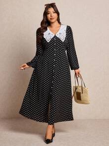 Elaquor Plus Size Women Elegant Commuter Polka Dot Print Contrast Collar Button Front Dress For Spring, Spring Outfits For Women