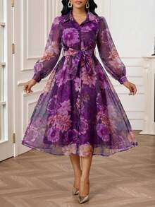 SHEIN Lady Women's Elegant Party Floral All-Over Print Front Button Dress - Purple - View 4