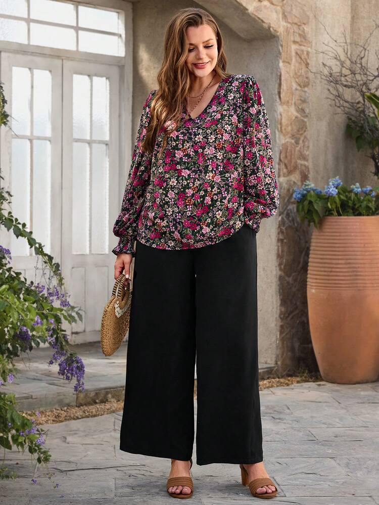 Plus Size V-Neck Long Sleeve Ditsy Floral Loose 2 Pieces Set,Flower/Summer/Spring/Vacation Country Style For Women Summer Holiday Outfits Spring Break Outfits Vacation Outfits Women Holiday Outfits For Women Beach Vacation Outfits For Women Blouse And Pants Set