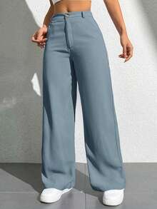 SHEIN PETITE Women's Solid Color Button Zipper Straight Leg Casual Pants - Blue - View 5