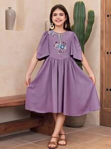 SHEIN Tween Girls' Casual Vacation Dress, Gray-Purple Lilac Dress Lavender Dress - Blue - View 3
