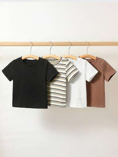 SHEIN Set de 4 camisetas de manga corta de cuello redondo de unicolor suave y versátil para niño/niña