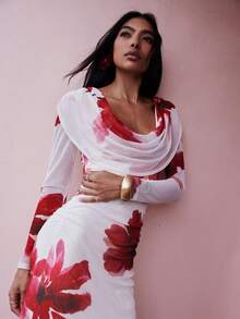Opulessa Vestido ajustado con cuello en V profundo, estampado y de malla de punto para vacaciones - Blanco - Ver 2