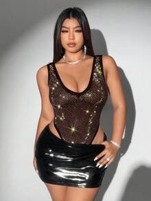 Viva Relle Bodysuit Tanpa Lengan Jala-jala Berhiaskan Berlian Imitasi Seksi, Cocok untuk Pesta, Festival Musik, dan Ukuran Besar - Coffee Brown - View 6