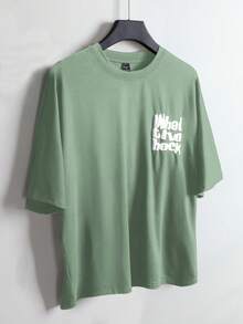 Manfinity EMRG Men's Casual Letter Print T-Shirt, Everyday Wear Thick T Shirt Rock Shirt Shirts Y2k Mens Summer Round Neck Short Sleeve Casual Cotton Printed With Letter Print Men Slogan Graphic Drop Shoulder Tee - Green - View 2