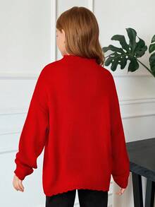 Tween Girl Oversized Casual Minimalist Cozy High Neck Floral Pattern Long Sleeve Warm Sweater - Red - View 2