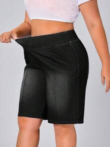 Flexra Plus Size Solid Color Casual Denim Shorts - Black - View 4