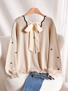 CosyJoli Áo len dáng rộng, thêu hình trái tim, thắt dây, thích hợp cho mùa Thu/Đông. - Màu Khaki - Xem 2