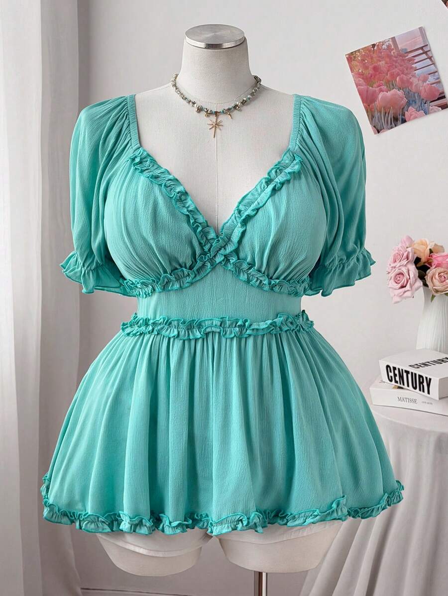 Sweetra 大码春夏秋三季度假风优雅百搭衬衫，适合各种场合，包括节日、波西米亚风、嬉皮风、牛仔风等。纯色甜美荷叶边泡泡袖上衣，收腰修身，宽松下摆，百搭时尚。 - 水鴨藍 - 查看 1