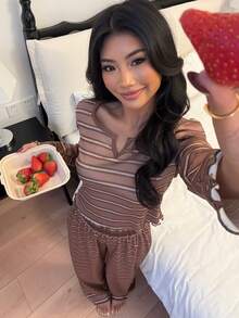 SHEIN Autumn Striped Comfortable V-Neck Long Sleeve Pajama Set - Brown - View 2