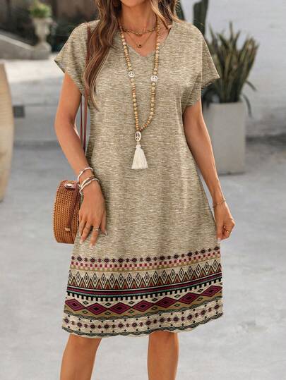 EMERY ROSE Vestido casual de verano de manga raglán con patrón geométrico vintage y cuello en V para mujer, ideal para vacaciones