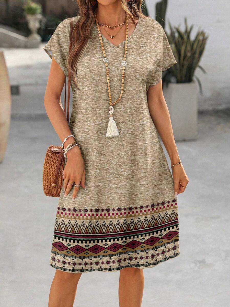 EMERY ROSE Đầm midi nữ cổ chữ V họa tiết hình học cổ điển, tay raglan, kiểu dáng thường ngày, thích hợp cho kỳ nghỉ hè, đi nghỉ mát. - Nhiều màu - Xem 1