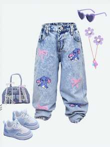 Pantalones vaqueros azules sueltos y acampanados con estampado de conejo lindo de dibujos animados y lazo rosa para niña joven - Lavado ligero - Ver 3