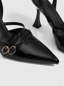 CUCCOO SZL 女士尖头高跟鞋，9厘米优雅酒杯鞋跟，酒红色女士高跟鞋，棕色露跟带镜面装饰PU皮革，易于穿脱的搭扣黑色高跟鞋，适合日常/派对/约会/办公场合，女士鞋履，情人节礼物 - 靜夜黑色 - 查看 6