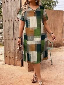 EMERY ROSE Plus Size Plaid Patchwork Print V-Neck Button Decor Dress - Multicolor - View 3
