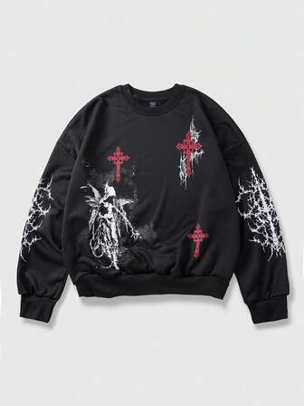 Men's Contrast Color Print Crew Neck Long Sleeve Pullover Sweatshirt