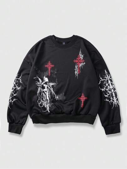 Herren Kontrast-Farbdruck Rundhals Langarm Pullover Sweatshirt