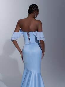 Elitara 优雅奢华浅蓝色缎面雪纺露肩荷叶袖鱼尾长款连衣裙，带拖尾，女士正式晚礼服 - 淺藍色 - 查看 3