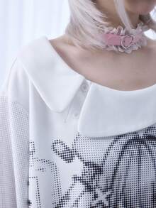 ROMWE Kawaii Cute Cartoon Anime Girl Peter Pan Collar Oblique Shoulder Women Sweatshirt - White - View 8