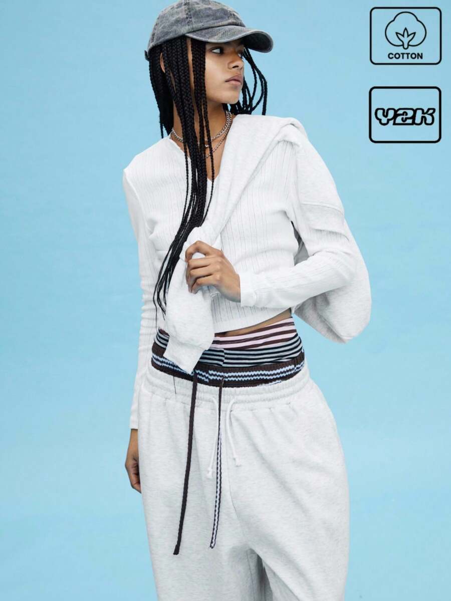 COUREZ 短款镂空修身亨利领长袖T恤 Y2K复古风 100%纯棉