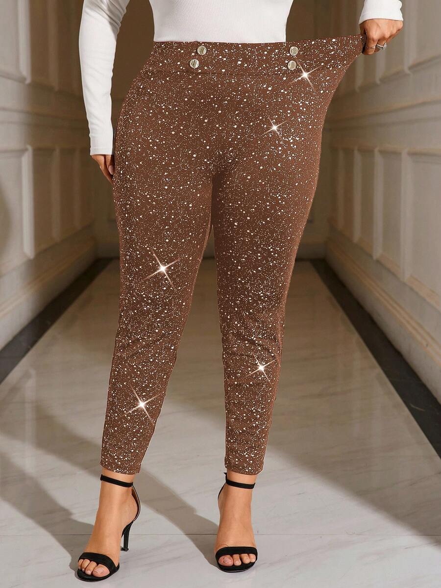 SHEIN Clasi 大码时尚通勤亮面高腰紧身裤 - 棕色 - 查看 1