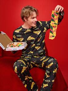 Notgurli Pizza Print Crew Neck Long Sleeve Pajama Set For Men - Black - View 4