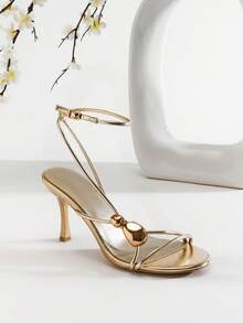 SHUZIA Women's Elegant Round Toe Metal Ornamentation Ankle Strap Stiletto Heeled Sandals - Gold - View 8
