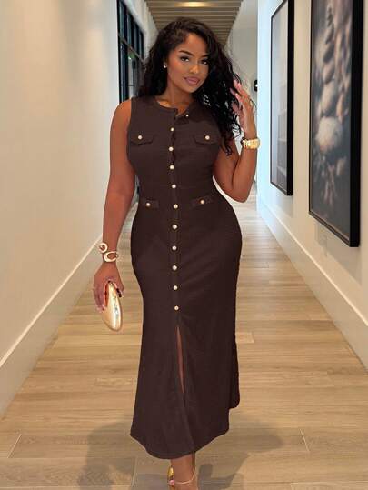 Alexandranx New Spring And Summer Casual And Elegant Round Neck Sleeveless Bag Flap Decorated With Metal Buckles Fishtail Skirt Hip Skirt With Open Placket Black Textured Knitted Fabric Women's Long Dress-B