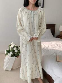 DAZY 女士长款睡裙，通体波浪纹图案，荷叶边下摆 - 白色 - 查看 6