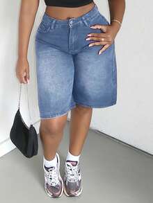 Alexandranx Quần short denim rộng rãi, giặt thường ngày cho nữ - Màu xanh lam - Xem 3