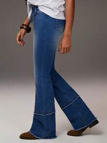 Athîral Denim Jeans acampanados azules con estampado casual/de vacaciones/para ir al trabajo, artículo versátil, apto para usar en el aeropuerto, de tela de mezclilla elástica y cómoda, adecuado para uso al aire libre, ajuste ceñido. Primavera y verano, vacaciones de primavera, ropa casual para damas - Azul lavado medio - Ver 1