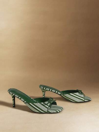 Rosivie Women's Green & White Striped Bow Tie Square Toe High Heel Sandals, Elegant, Sweet, Romantic, Suitable For Dates, Parties, Work, Versatile Slip-On Valentine's Day