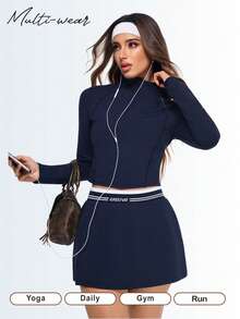 Eassivo Eassivo Women's Navy Blue Athletic Skirt,High Waist Contrast Stripe, Side Slit Tennis Skirt, Stretch Sport Skort, Trending Workout Bottoms, Casual Activewear - Royal Blue - View 9