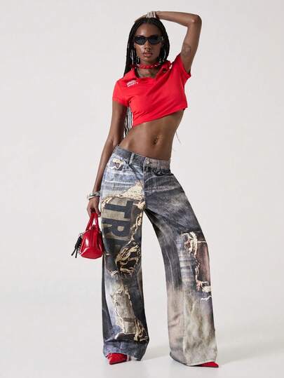 ROMWE Avant Damen Jeans mit Destroyed-Optik und Grafik-Muster, taillenniedrig, locker geschnitten, lässiger Streetwear-Stil