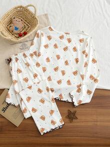 2件套女童白色小熊印花圆领针织长袖上衣和裤子套装，柔软亲肤，适合春夏穿着 - 彩色 - 查看 2